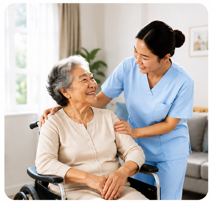 CareTime caregiver supporting an elderly woman at home